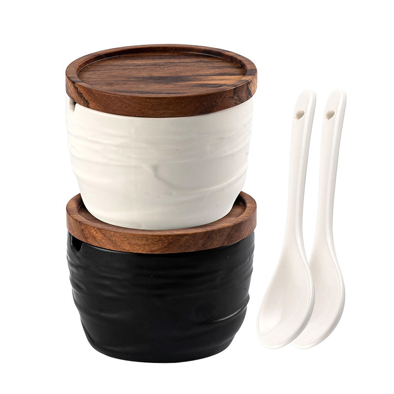 Minimalist Ceramic Spice Jar Set with Wooden Lids & Spoons, Black - White Kitchen Seasoning Storage Containers