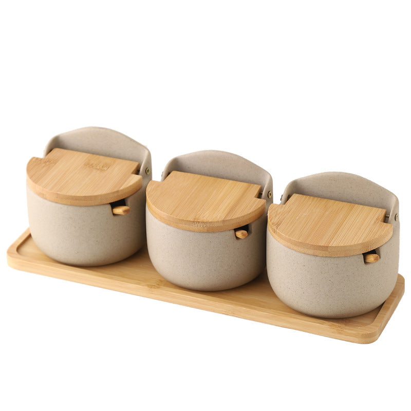 Natural - style Ceramic Spice Jar Set of 3 with Bamboo Lids & Tray, Kitchen Seasoning Storage Containers for Salt, Sugar