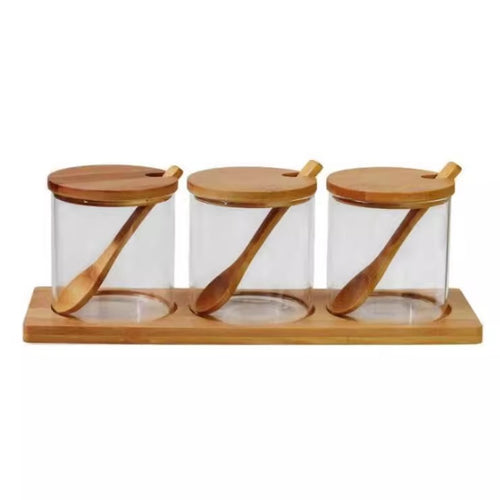 3-Piece Glass Spice Jar Set with Wooden Lids, Spoons and Base – Seasoning Container Organizer for Kitchen and Dining