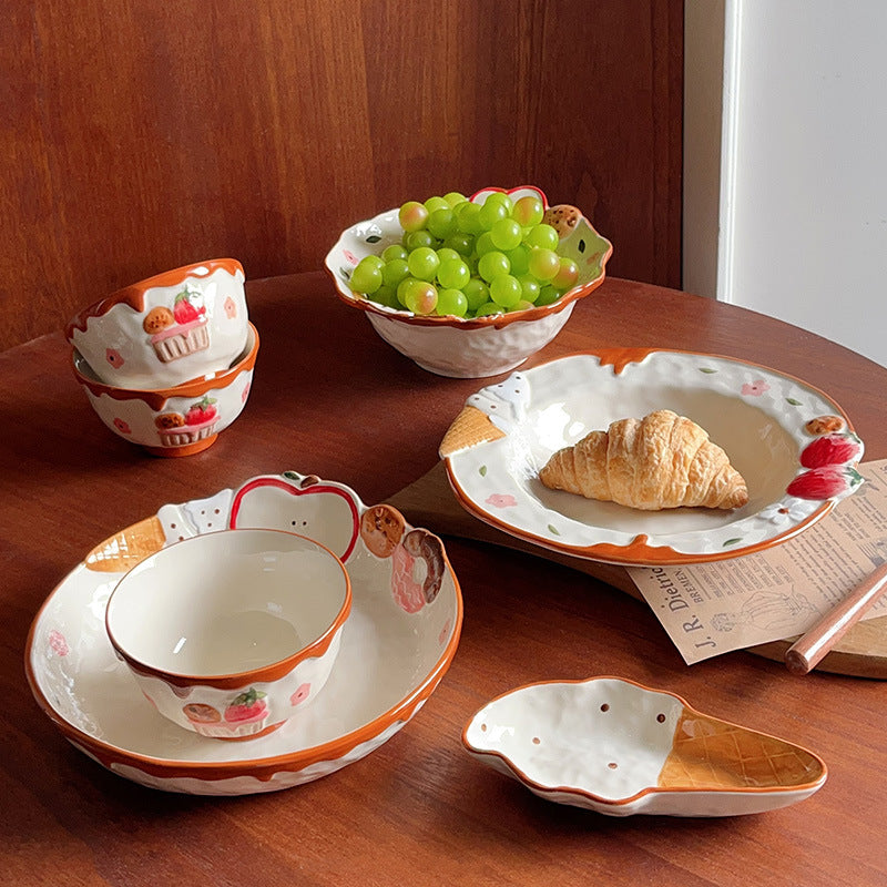 Hand - painted Relief Dessert Tableware Set, Cute Strawberry Cake - shaped Bowl and Plate Combination, Creative Ceramic Tableware