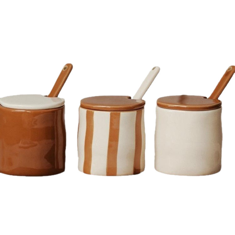 High-Temperature Ceramic Spice Jar Set with Lid and Spoon – Kitchen Seasoning Container for Salt, Sugar, Coffee, and Tea Storage
